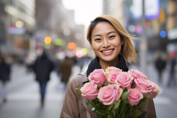 Smiling blond Asian woman with pink rose flower bouquet