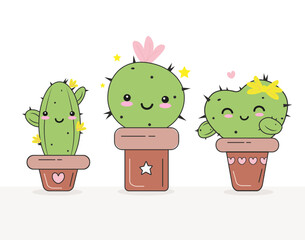 Three cute kawaii style cacti