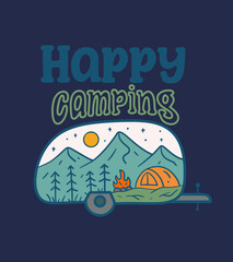Happy camping with the caravan with nature mountain in the inside illustration