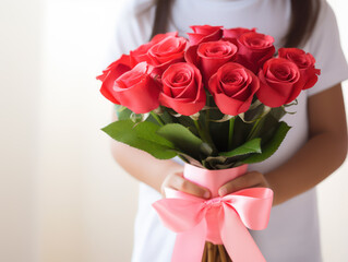 Woman carrying a bouquet of red roses, close up of a bouquet of roses