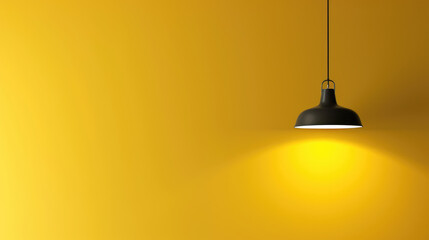 A lamp hangs against a yellow wall, casting its light and illuminating the area, with space available for text or presentation.