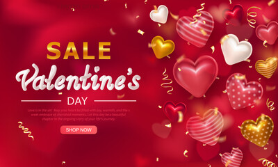 Naklejka premium Advertising Happy Valentines Day pink banner with 3d puffy hearts, realistic golden streamers and discount promo. Template of greeting card with Sale typography, serpentine ribbons and romantic hearts