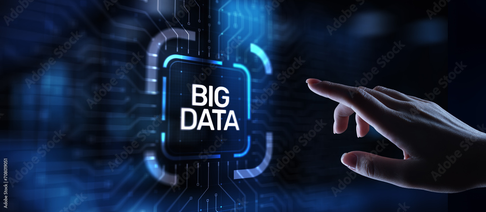 Poster big data analytics platform, business intelligence and modern technology concept on vitual screen.