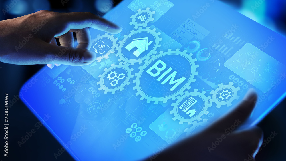 Aufkleber bim building information modeling technology concept on virtual screen.