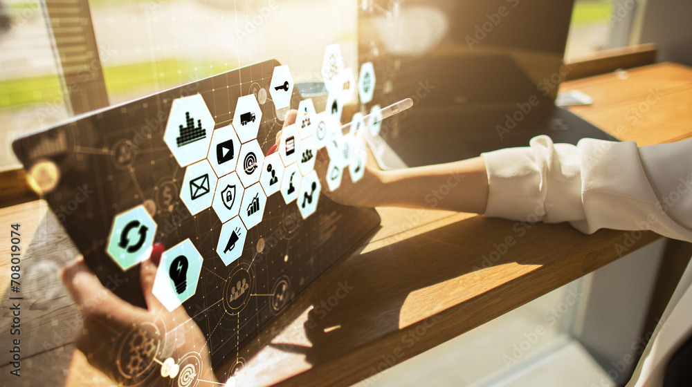 Aufkleber mixed media, business intelligence icons on virtual screen, analysis and big data processing dashboa