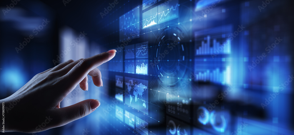 Poster virtual screen business intelligence dashboard, analytics and big data technology concept.