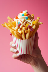 A woman's hand firmly grips French fries topped  with mayonnaise and adorned with gummy bears. PMS meal.