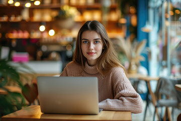 In this image, a lovely young woman, potentially a freelancer or student, is seen working on her laptop at a cafe table, illustrating her commitment to her tasks.