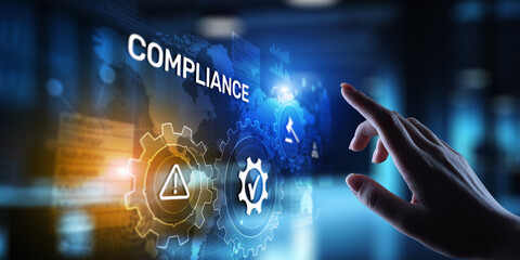 Compliance concept with icons and text. Regulations, law, standards, requirements, audit diagram on virtual screen.