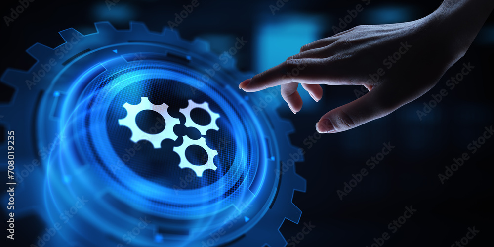 Poster gears mechanism on virtual screen. automation and business process flow. business and technology con