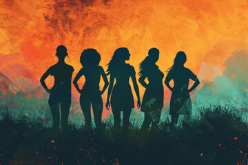 Five women stand together. International Women's Day.  Poster with five womens silhouettes. 