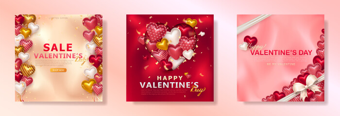 Fototapeta na wymiar Set of romantic banners or cute greeting cards with 3d glossy hearts, shiny balloons, confetti serpentine and realistic white silk bow wrapping. Happy Valentine's Day invitation. 