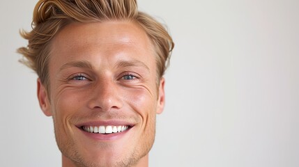 A close-up of a young man with a bright, engaging smile, showcasing white teeth, and having blonde hair.