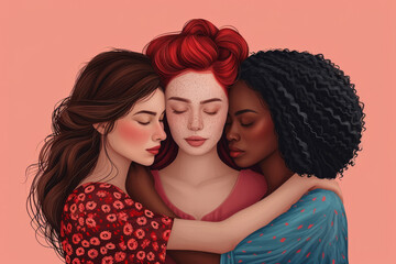 Poster. Three women standing together. Women's day. Three girls hug and support each other. Women's community background. Women's rights and protection.
