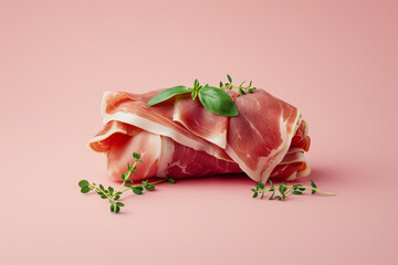 prosciutto with basilon the pink isolated background