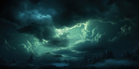Black dark greenish blue dramatic night sky. Gloomy ominous storm rain clouds background. Cloudy thunderstorm hurricane wind lightning. Epic fantasy mystic. Or creepy spooky nightmare horror concept.