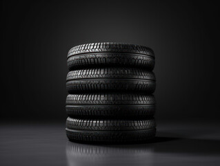 Fototapeta na wymiar Pile of black rubber tires on isolated dark room background