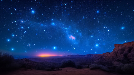 Obraz premium An enchanting portrayal of the Ursa Major constellation, with the iconic Big Dipper gracefully arching across the heavens above a serene mountain range.