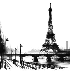 Eiffel Tower in Paris, France. Black and white illustration