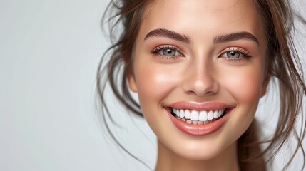 The image shows a smiling young woman with clear skin, bright eyes, and full lips on a light background. - obrazy, fototapety, plakaty