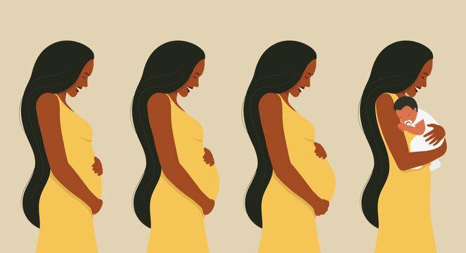 Pregnancy stages. Happy smiling beautiful woman in the first, second, and third trimesters of pregnancy and with a newborn baby. Vector illustration. Flat style. Isolated on a white background.