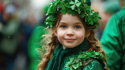 Fototapeta premium little red-haired child in green Leprechaun holiday costume at St. Patrick's Day carnival, Irish national holiday, Ireland, blurred background, shamrock, traditional, symbol, kid, girl, toddler, hat