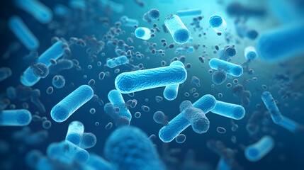 .Medical background E. coli bacteria are found in the intestines. blue bacteria under a microscope - 3D rendering - obrazy, fototapety, plakaty