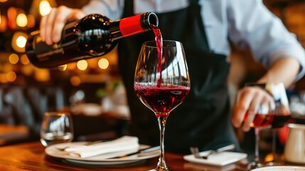 Male waiter pouring wine. The fluid motion of a waiter's hand releases a scarlet river of wine, symbolizing the passion and pleasure found within each sip.