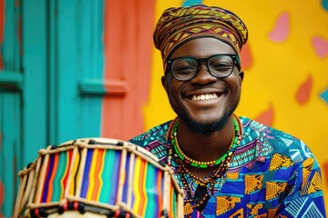 Festive studio portrait of a young African man in vibrant festival attire, with a drum, isolated on a colorful cultural celebration background