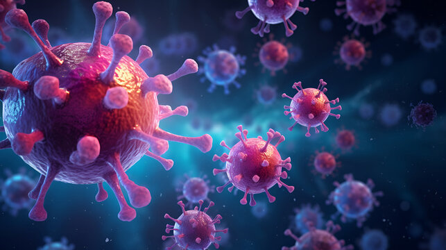 .Macro image of a herpis virus cell on a blue background with copy space. Microbiology background concept. flu, influenza,