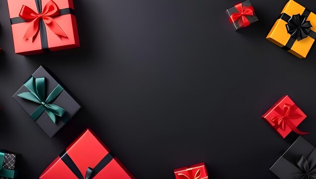 Generative ai. many colorful gift boxes with bows on a black background, gifts, presents, black and red only, istock, black and red colors, black and red only