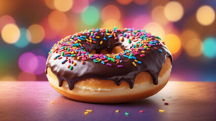 Delicious single donut with beautiful bokeh background in colorful illustration