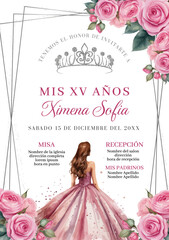 Invitacion rosa con plateado de XV años con muñeca de vestido rosa y flores