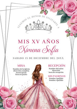 Invitacion rosa con plateado de XV a&ntilde;os con mu&ntilde;eca de vestido rosa y flores