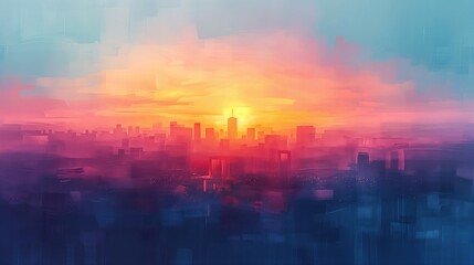 city skyline sunset background flat brush panoramic morning sun rays illustration