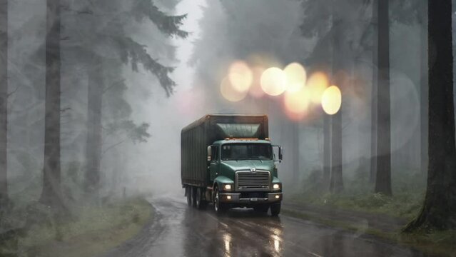 the journey of a large truck in the middle of the forest. video animation