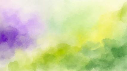 Schilderijen op glas Abstract purple, olive green and yellow green watercolor splash background © Titania