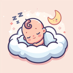 cute baby sleeping on a cloud pillow cartoon illustration