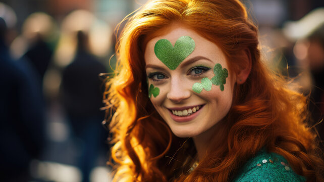 beautiful young red-haired woman with makeup in green tones and emerald clothes at the St. Patrick's Day carnival, national Irish holiday, Ireland, festival, symbol, shamrock, stylish image, girl