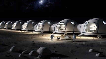 Experience the breathtaking sights of a thriving lunar colony, where humans have established a...