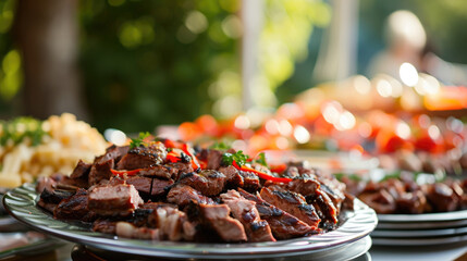 A delectable plate of grilled meat presented at a wedding or restaurant buffet, inviting guests to savor the culinary delights of the occasion.