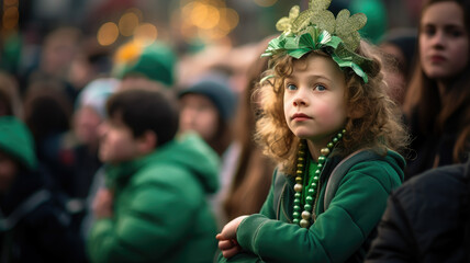 little red-haired child in green Leprechaun holiday costume at St. Patrick's Day carnival, Irish national holiday, Ireland, blurred background, shamrock, traditional, symbol, kid, girl, toddler, hat - obrazy, fototapety, plakaty