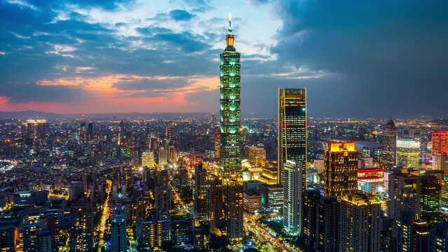 Hyper lapse of Cityscapse in Taipei, Taiwan. Aerial view cityscape at night.