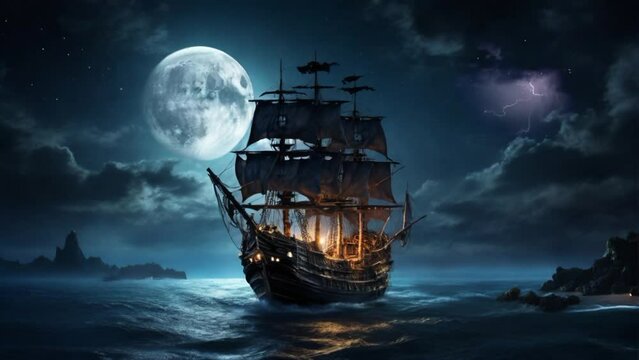 Pirate ship travels in the middle of the sea at night. video animation