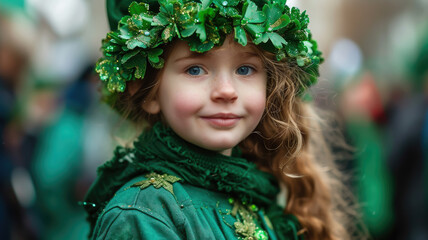 little red-haired child in green Leprechaun holiday costume at St. Patrick's Day carnival, Irish national holiday, Ireland, blurred background, shamrock, traditional, symbol, kid, girl, toddler, hat