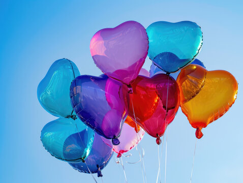 Colorful heart-shaped balloons released into a clear blue sky. The balloons can be in various hues, creating a vibrant and cheerful image. Suitable for celebrations, birthdays, or expressing love.