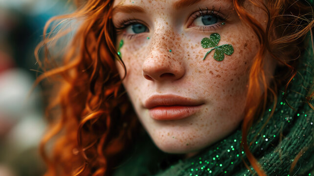 beautiful young red-haired woman with makeup in green tones and emerald clothes at the St. Patrick's Day carnival, national Irish holiday, Ireland, festival, symbol, shamrock, stylish image, girl