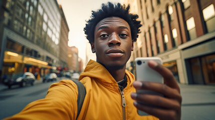 
A young African American man takes a selfie on a city street