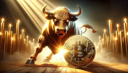 Dynamic and bold image of a golden bull and Bitcoin, representing financial prosperity, market confidence, and cryptocurrency investment, suitable for business and finance.