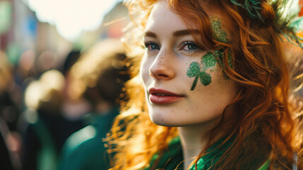 beautiful young red-haired woman with makeup in green tones and emerald clothes at the St. Patrick's Day carnival, national Irish holiday, Ireland, festival, symbol, shamrock, stylish image, girl - obrazy, fototapety, plakaty